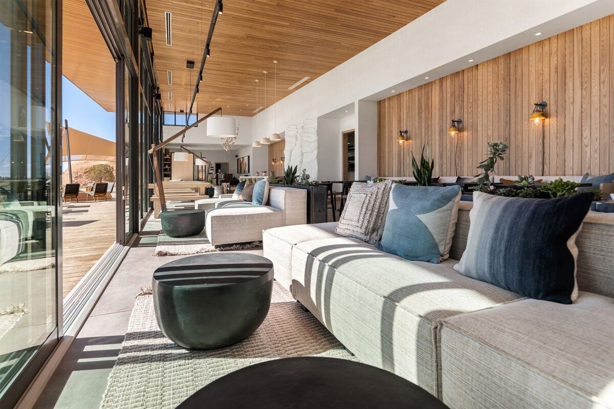 View of couches in ULUM Moab's lobby lounge