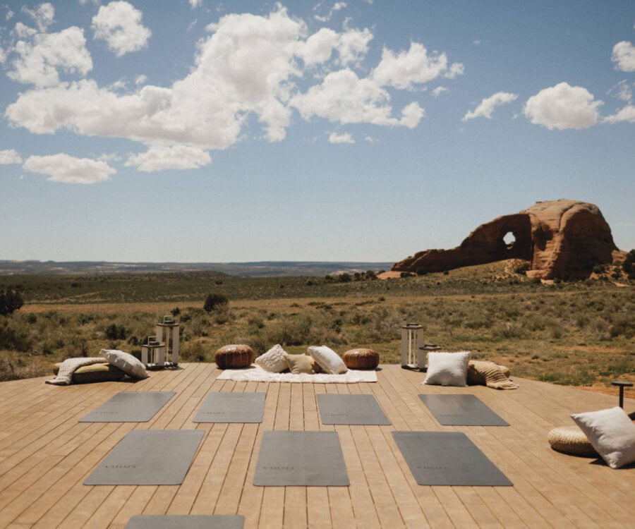 View of yoga deck with Vuori mats at ULUM Moab