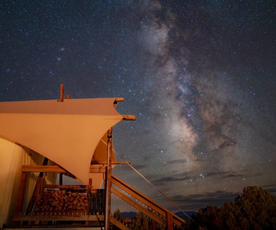 Canvas Suite tent at ULUM Moab with the milky way above.