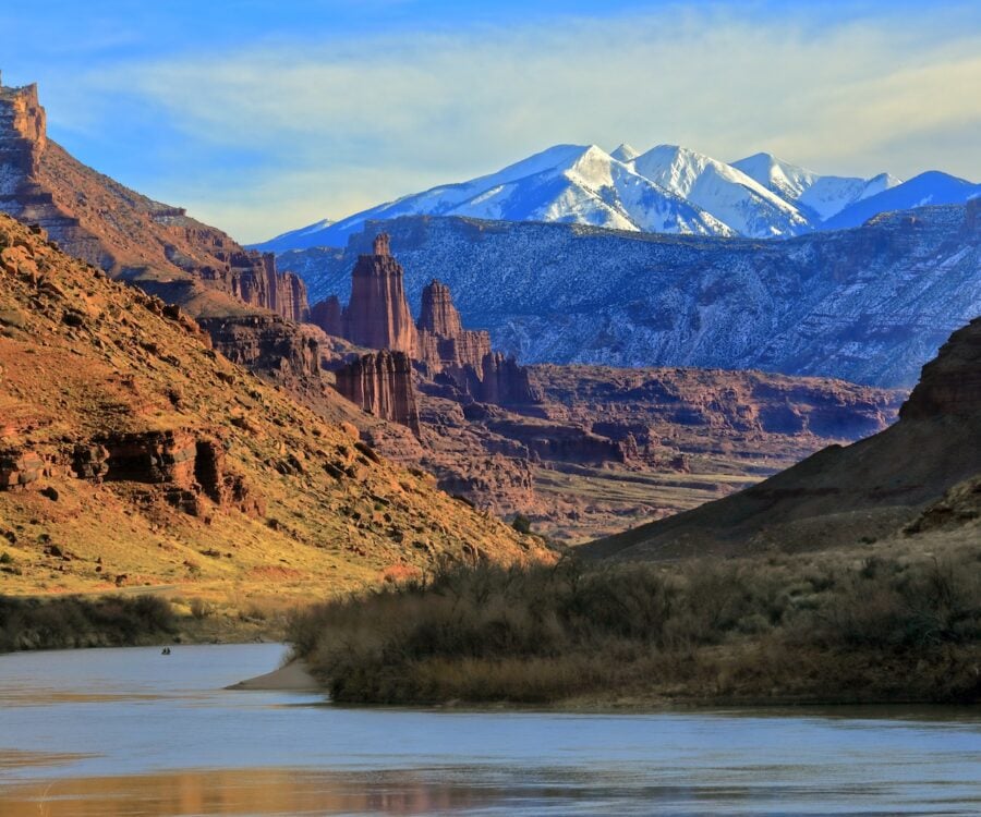 Fisher tower with the La Sal Mountains in the background.