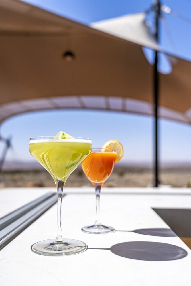 Two cocktails on a table outdoors